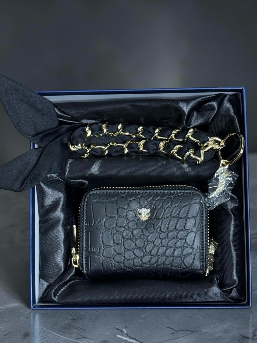 MARYAM Leather Wristlet Keychain Wallet Swarovski Crystal Leopard Charm NIB
